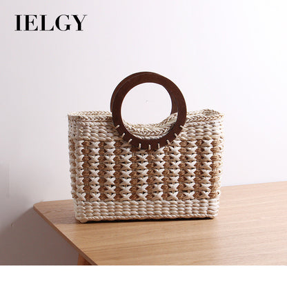 Ielgy Ladies Retro Striped Straw Bag Mori Series Large Capacity Vacation Rattan Beach Bag