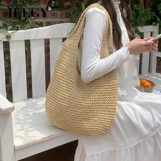 Ielgy Seaside Vacation Straw Bag Beach Bag One Shoulder Mori Style Hand-woven Bag Large Capacity
