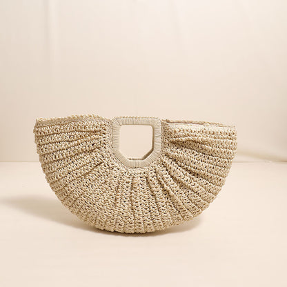 Ielgy All-Match Simple Solid Color Portable Straw Bag Moon Clutch Straw Bag Woven Holiday Style Beach Female Bag