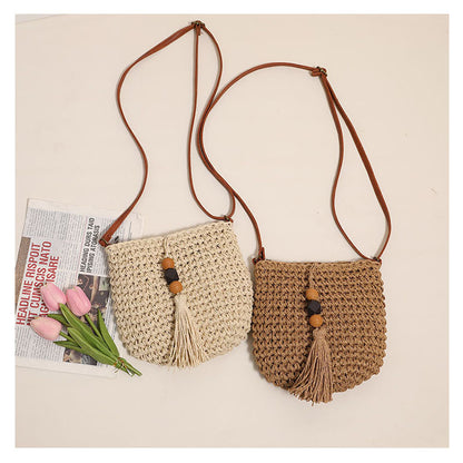 Ielgy One-Shoulder Messenger Straw Woven Female Bag Wooden Bead Tassel Woven Bag Vacation Style Beach Bag