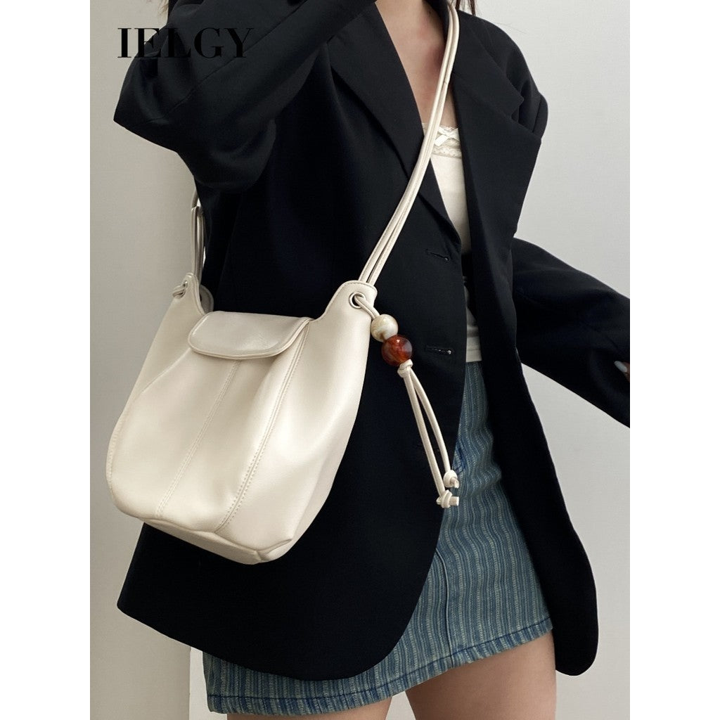 Ielgy Ladies White Simple All-Match Preppy Style High-End Bucket Shoulder Messenger Bag