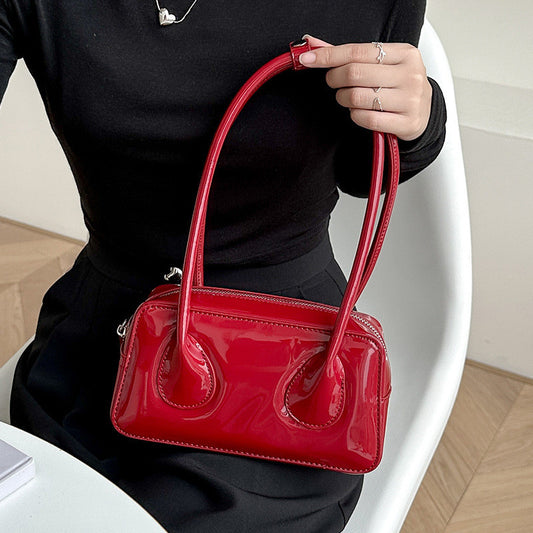 Ielgy Niche Texture Red Ladies Bag Simple All-Match Fashion One-Shoulder Glossy Patent Leather Underarm