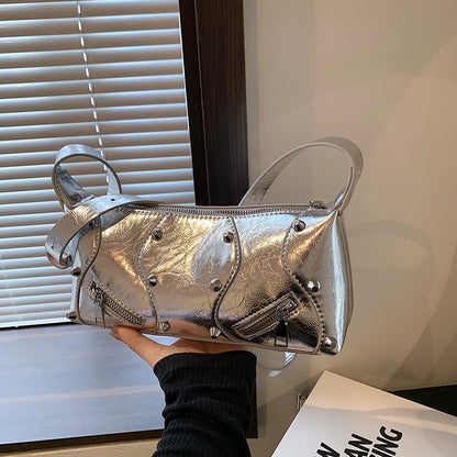 Ielgy Ladies Fashionable Hot Girl Style High-End Simple Shoulder Bag All-Match Silver Cross-Body Bag