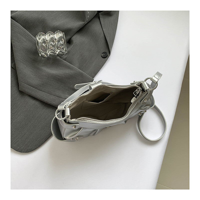 Ielgy Folded Motorcycle Style One-Shoulder Underarm Silver Bag Ladies Fashion Commuter Diagonal Small Square Bag