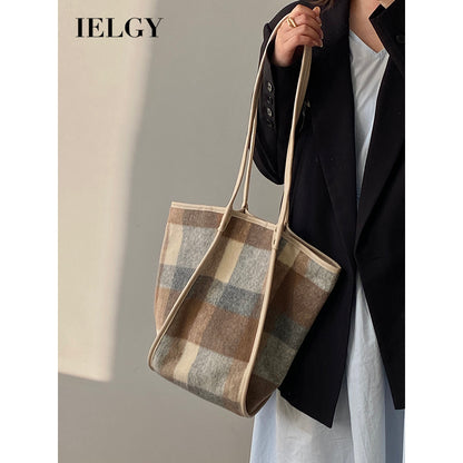 Ielgy Korean Woolen Large-Capacity Tote Bag Trendy Shoulder Handbag