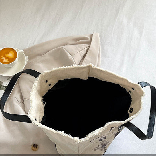 Ielgy Letter Tassel Canvas Bag Ladies Large-Capacity Simple Commuter Student One-Shoulder To