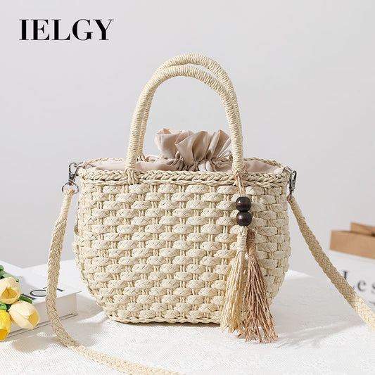 Ielgy Straw Bag Cute Handmade Bucket Rattan Bag One Shoulder Messenger Woven Bag