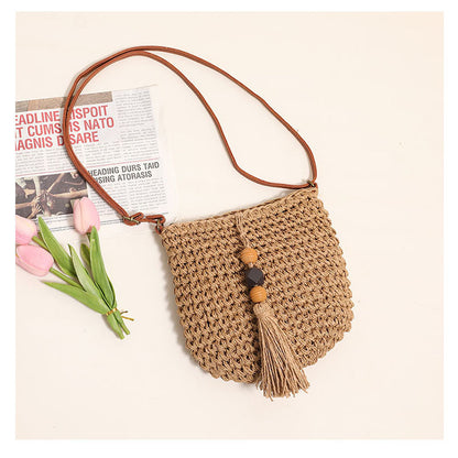 Ielgy One-Shoulder Messenger Straw Woven Female Bag Wooden Bead Tassel Woven Bag Vacation Style Beach Bag