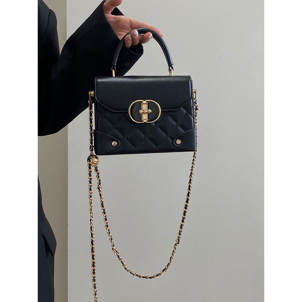 Ielgy Ladies Black Box Bag High-End Feeling All-Match Diamond One-Shoulder Messenger Bag