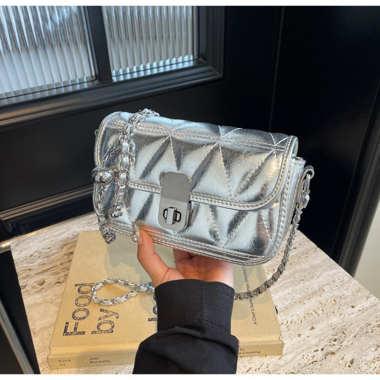 Ielgy Ladies Diamond Chain Bag Shoulder Crossbody Silver Small Golden Ball Adjustable Texture Small Square Bag