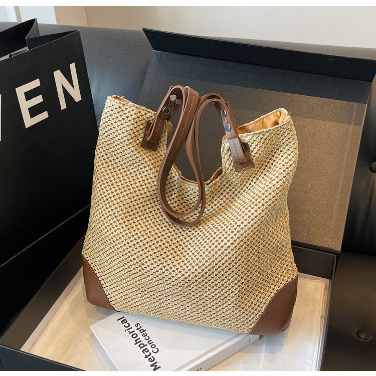 Ielgy Ladies Hand-Woven Straw Woven All-Match Large-Capacity Retro One-S