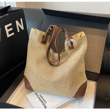 Ielgy Ladies Hand-Woven Straw Woven All-Match Large-Capacity Retro One-S