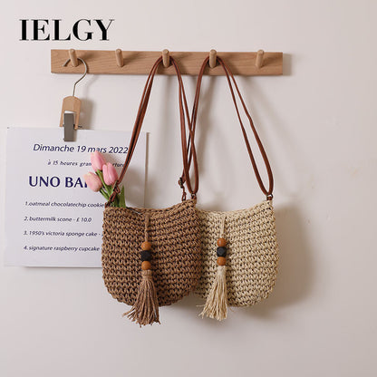 Ielgy One-Shoulder Messenger Straw Woven Female Bag Wooden Bead Tassel Woven Bag Vacation Style Beach Bag