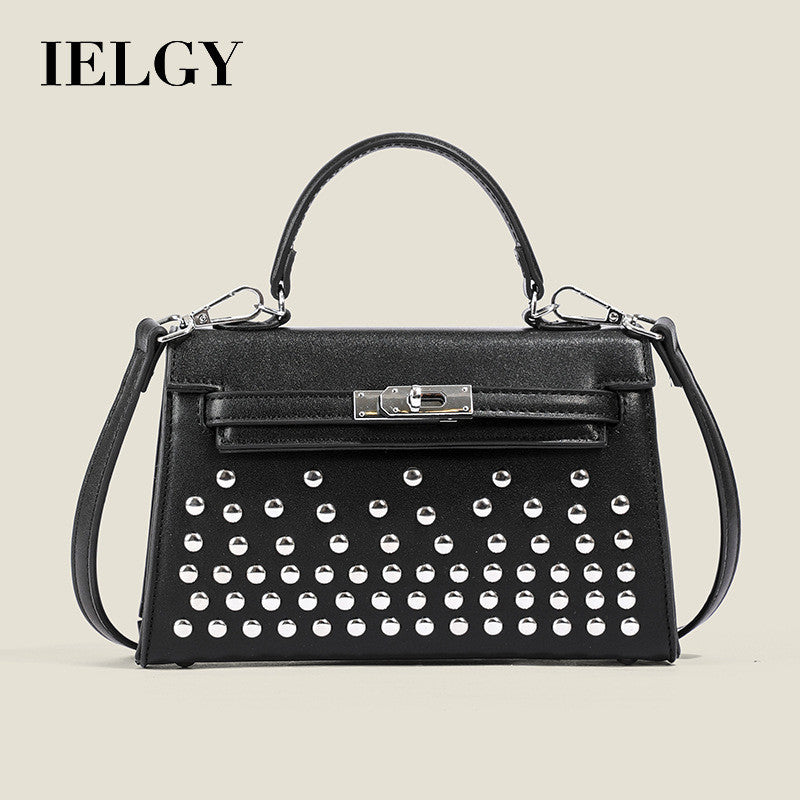 Ielgy Ladies Black Rivet Silver Buckle Messenger Bag