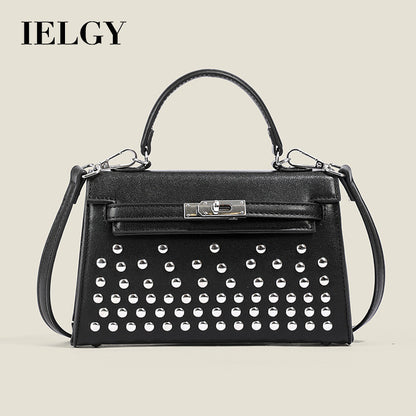 Ielgy Ladies Black Rivet Silver Buckle Messenger Bag