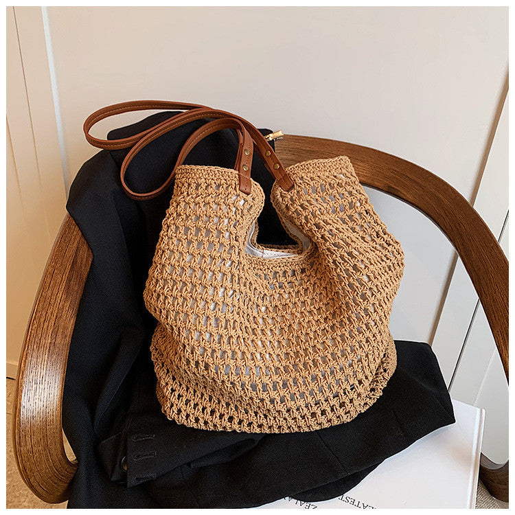 Ielgy Ladies Large-Capacity One-Shoulder Cotton Thread Woven Bag Hollow Mesh Pattern Tote Bag Seaside V