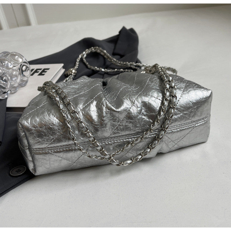 Ielgy Ladies Silver Tote Bag Korean Version Work Commuter Large-Capacity Pleated One-Shoulder Armpit Bag