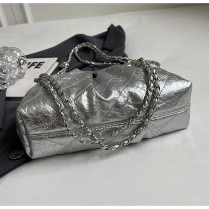 Ielgy Ladies Silver Tote Bag Korean Version Work Commuter Large-Capacity Pleated One-Shoulder Armpit Bag
