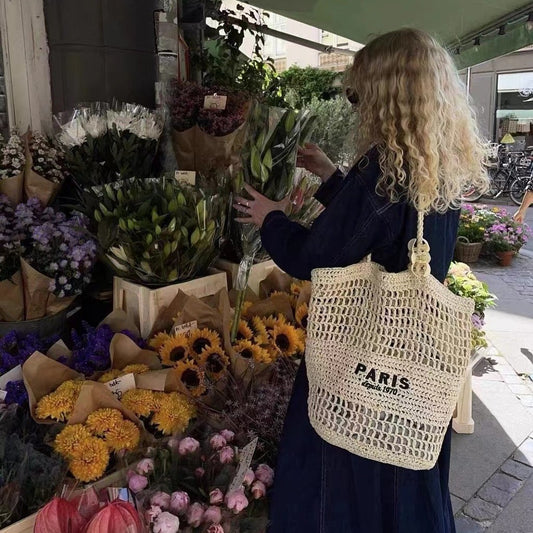 Ielgy Letter Embroidery One-Shoulder Straw Bag All-Match Large-Capacity Woven Vacation Beach Female Bag