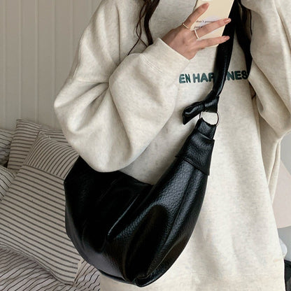 Ielgy Ladies Large-Capacity Retro Soft Leather Pleated Dumpling Bag Lazy Style Casual All-Match Croissant Shoulder Mess