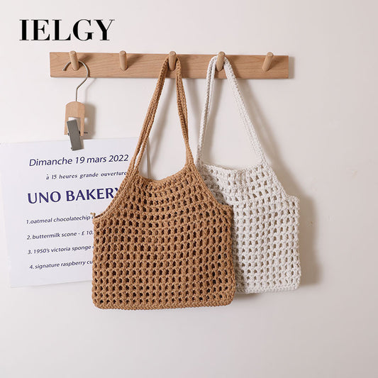 Ielgy Hollow Portable Cotton Thread Woven Bag Leisure Straw Woven Holiday Style Beach Bag All-Match Female Bag