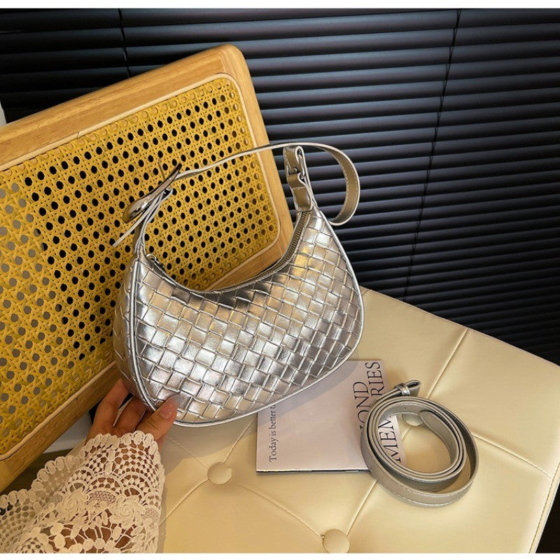 Ielgy High-End Feeling Silver Underarm Bag Korean Version Fashion Trendy Dumpling Bag Niche Woven Large-Capacity Simple Shoulder Bag