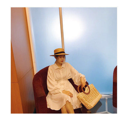 Ielgy Ladies Retro Striped Straw Bag Mori Series Large Capacity Vacation Rattan Beach Bag