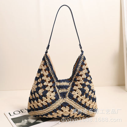 Ielgy Straw Hollow Contrast Color Woven Bag Vacation Beach Bag