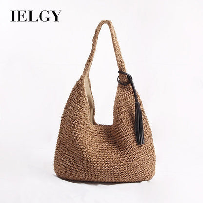Ielgy One-Shoulder Large-Capacity Straw Bag Casual Beach Bag Vacation One-Shoulder Portable Commuter Fe