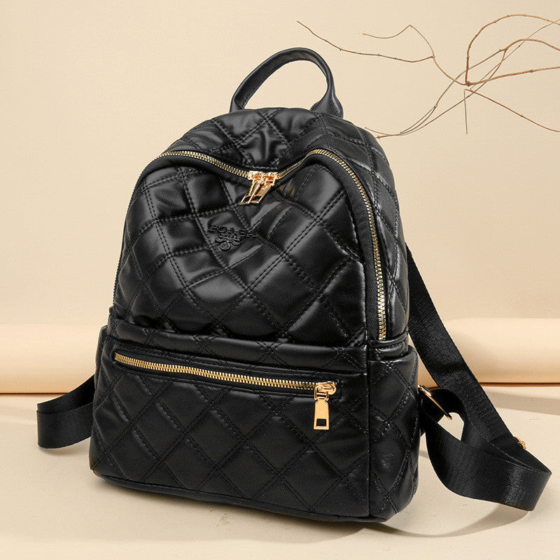 Ielgy Ladies Fashion Rhombus School Bag PU Soft Leather Texture Commuter Simple Leisure Travel Backpack