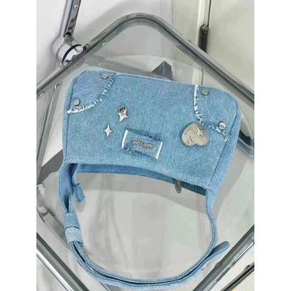 Ielgy Niche Design Metal Star Denim Underarm Small Square Bag Retro Commuter Portable Shoulder Bag