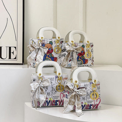 Ielgy Ladies Fashion Silk Scarf Graffiti Contrast Color Diana Bag Portable One-Shoulder Diagonal