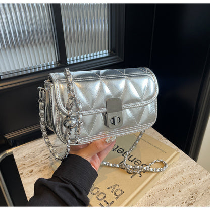 Ielgy Ladies Diamond Chain Bag Shoulder Crossbody Silver Small Golden Ball Adjustable Texture Small Square Bag