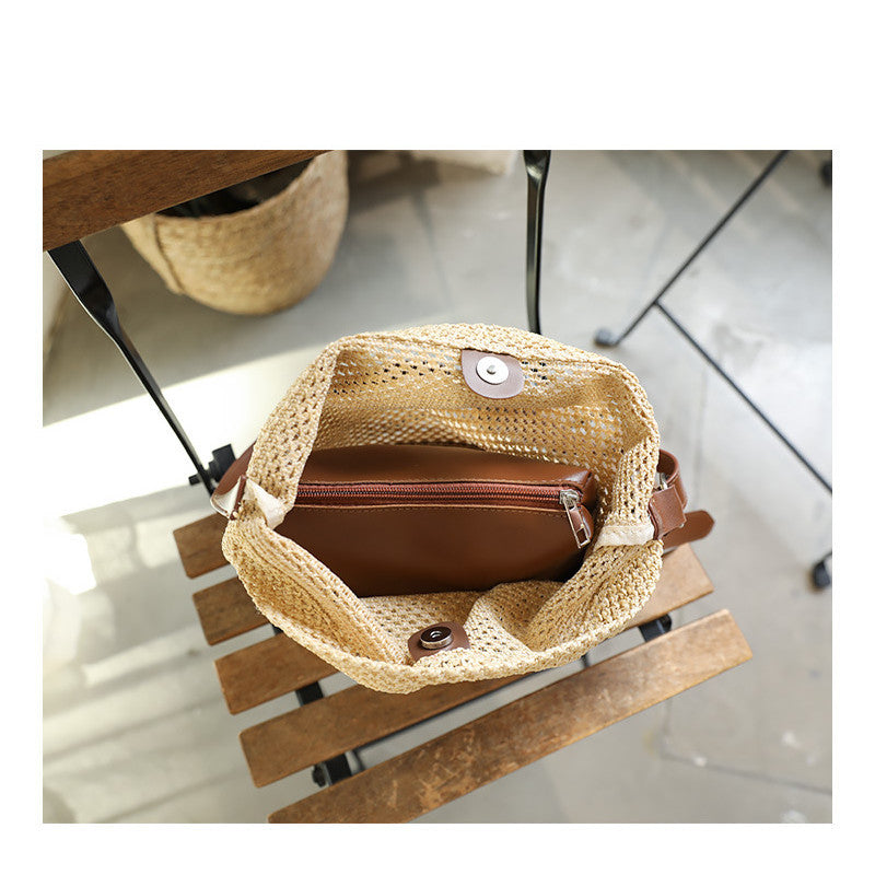 Ielgy Japanese Casual Stitching Child-Mother Bag Vacation Beach Straw Woven One-Shoulder Messenger Fe