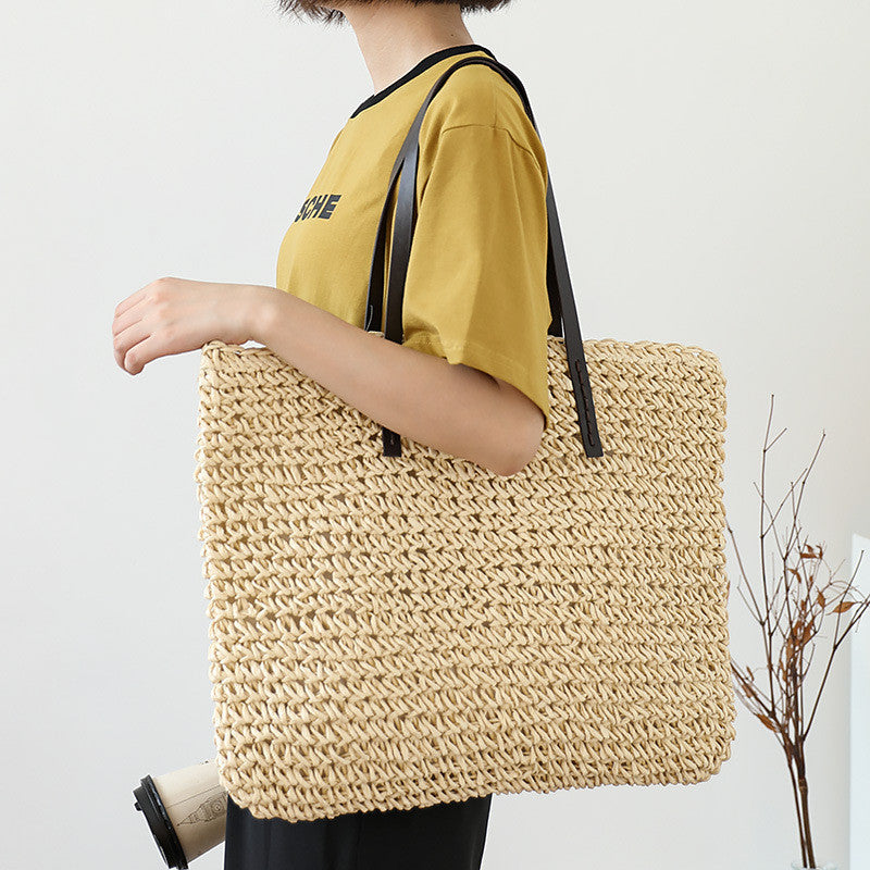 Ielgy Summer Pastoral Style Woven Beach Bag Leisure Seaside Vacation Portable Female Bag Large Capacity Straw Woven