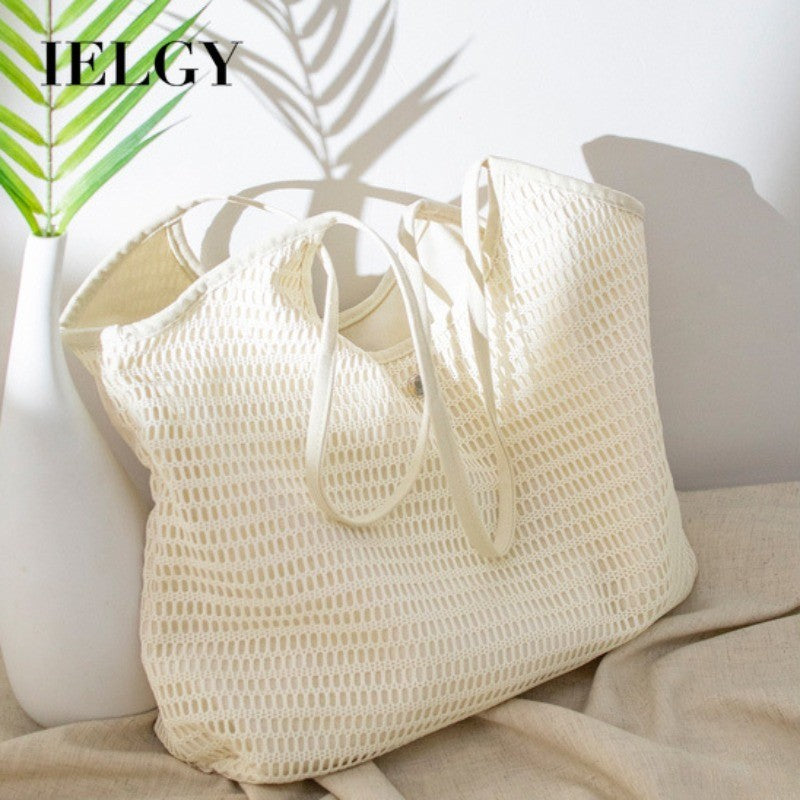 Ielgy Ladies Korean Version Canvas Beach Bag Small Fresh Large Capacity Fishnet Tote Bag