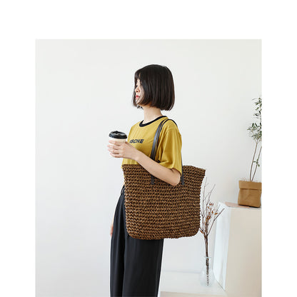 Ielgy Summer Pastoral Style Woven Beach Bag Leisure Seaside Vacation Portable Female Bag Large Capacity Straw Woven