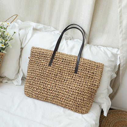 Ielgy Summer Pastoral Style Woven Beach Bag Leisure Seaside Vacation Portable Female Bag Large Capacity Straw Woven