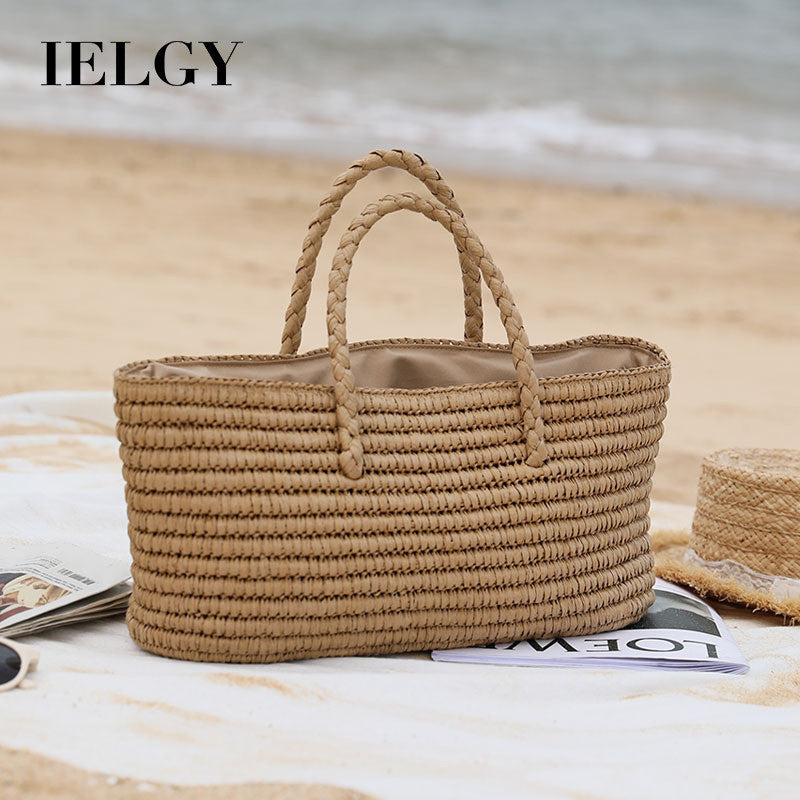 Ielgy Ladies Portable Vegetable Basket Woven Bag Large Capacity Seaside Beach Bag