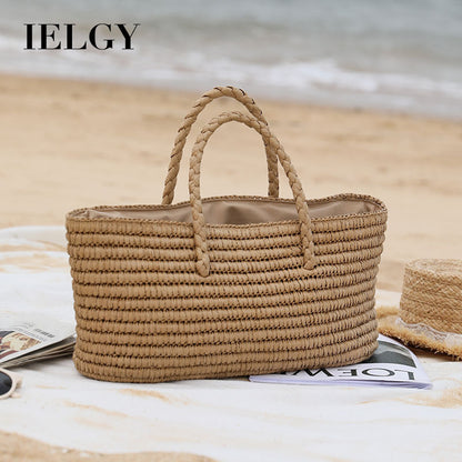 Ielgy Ladies Portable Vegetable Basket Woven Bag Large Capacity Seaside Beach Bag