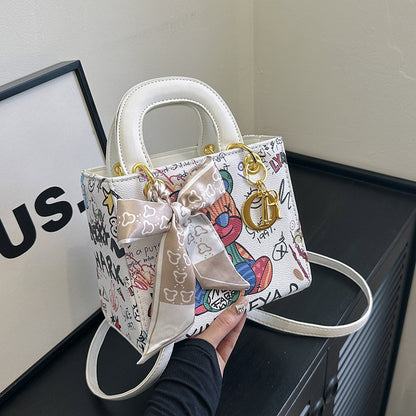 Ielgy Ladies Fashion Silk Scarf Graffiti Contrast Color Diana Bag Portable One-Shoulder Diagonal