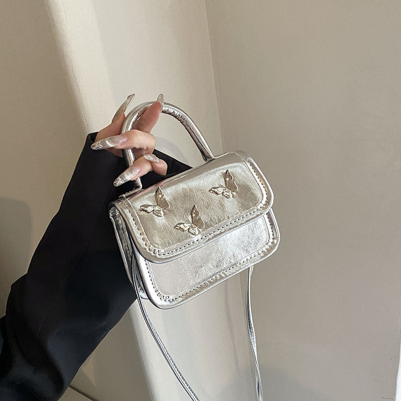 Ielgy Ladies Casual All-Match Silver Butterfly Small Square Bag Portable One-Shoulder Mini Messenger Bag