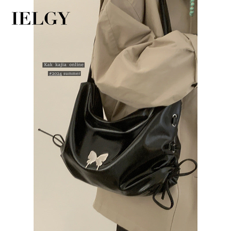 Ielgy Ladies Black Niche Underarm Bag Cool Casual Large-Capacity Cross-Body Commuter Tote Bag