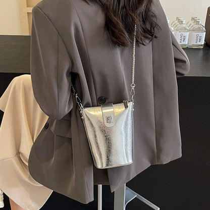 Ielgy Korean Version Casual Silver Bucket Bag Fashion Simple Shoulder Ladies Cross-body Mobile Phone Bag