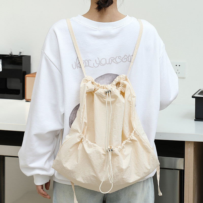 Ielgy Japanese Casual Art Canvas Backpack Fashion Drawstring Pleated School Bag Nylon Large-Capacity Backpack Khaki