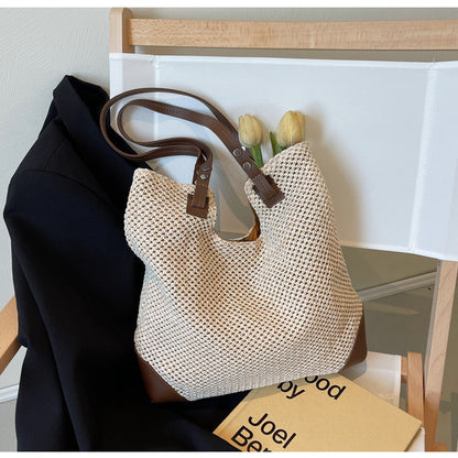 Ielgy Ladies Hand-Woven Straw Woven All-Match Large-Capacity Retro One-S