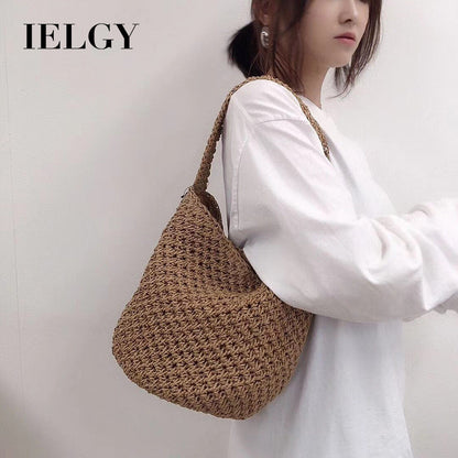 Ielgy Ladies Hand-Woven Bucket Bag Seaside Vacation Beach Bag
