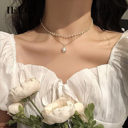 Ielgy Ladies Trendy All-Match Niche Double Pearl Pendant Necklace Simple Classy Necklace Clavicle Chain