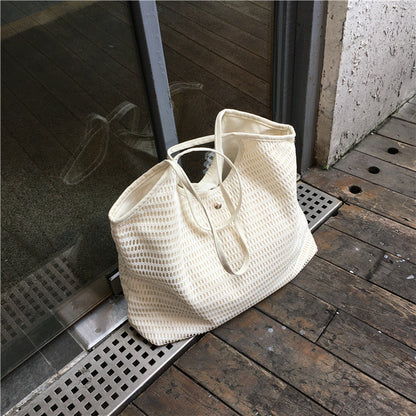 Ielgy Ladies Korean Version Canvas Beach Bag Small Fresh Large Capacity Fishnet Tote Bag