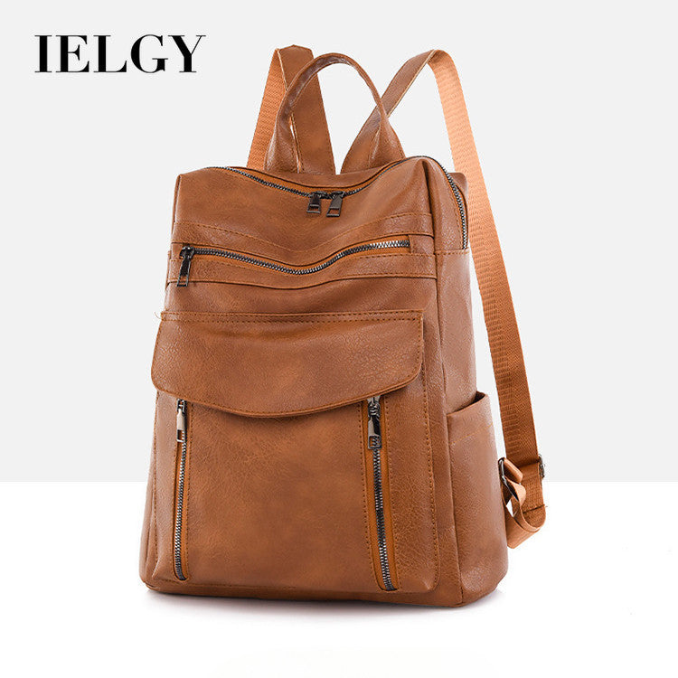 Ielgy Ladies Backpack Simple Fashion Retro Large Capacity PU Travel Backpack